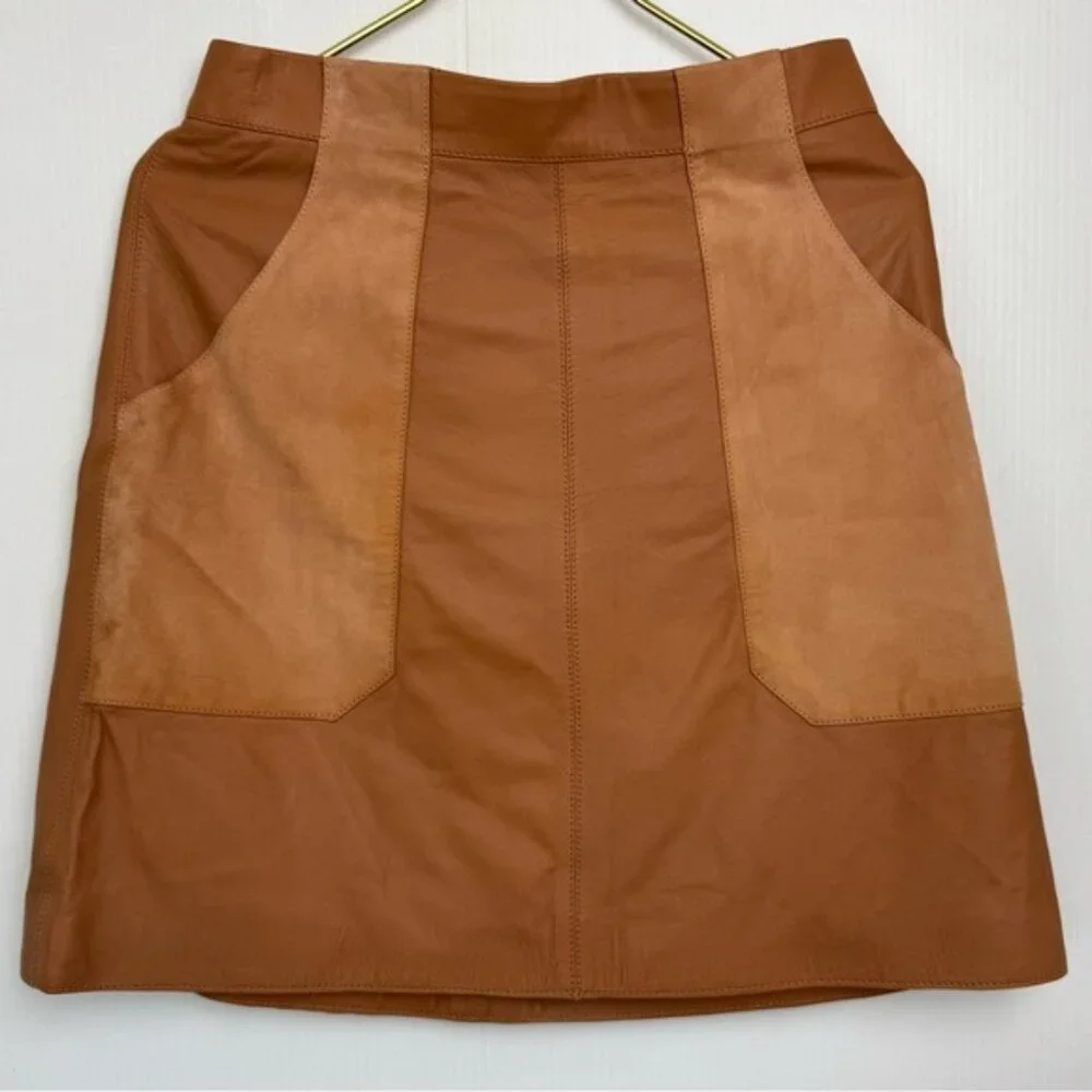 H&M Camel 100% Leather and Suede trim mini Skirt W pockets Side Zip size 10 NEW